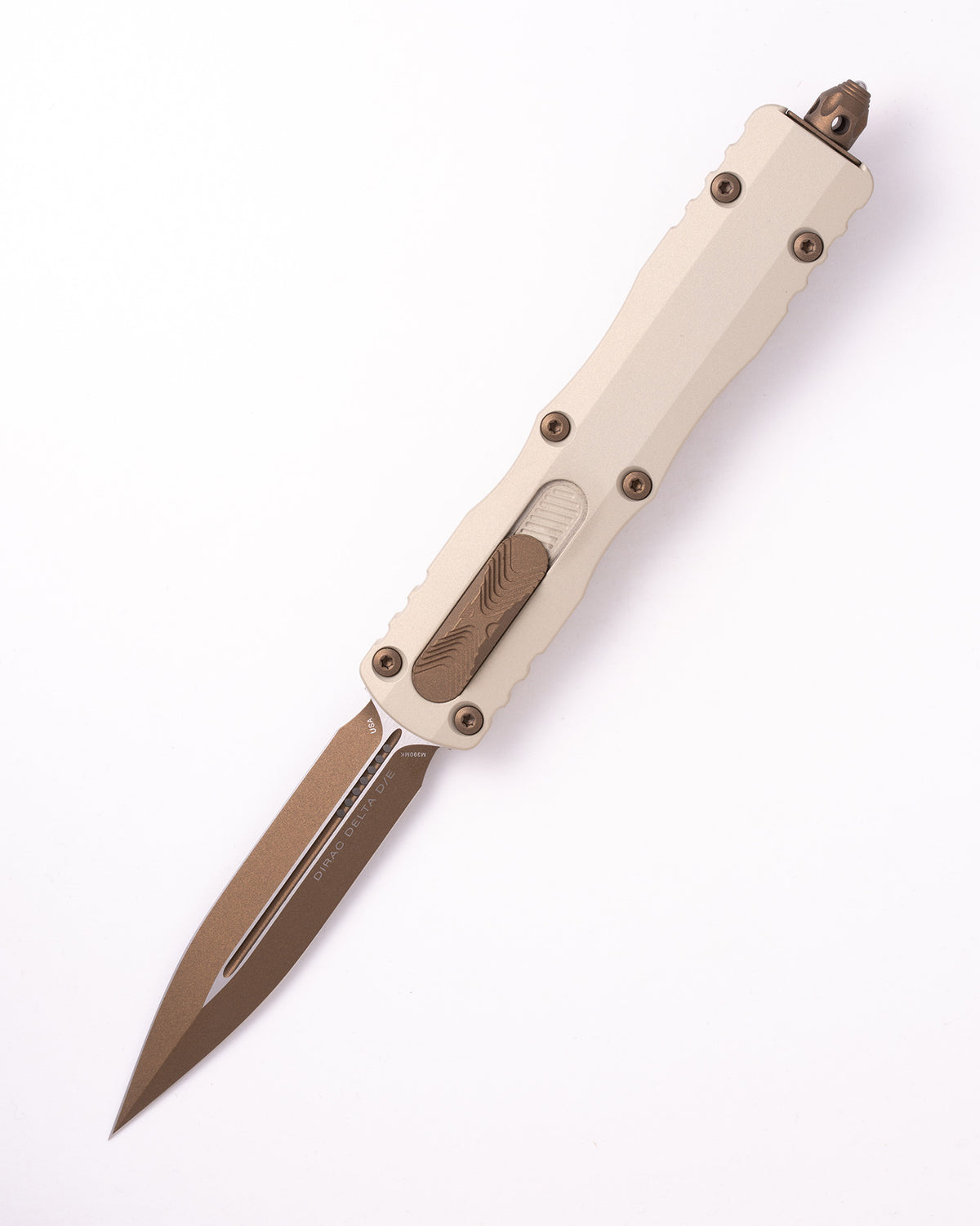 Microtech Dirac Delta D/E, 3.79" Burnt Bronze Dagger Blade, M390MK Steel, Champagne
